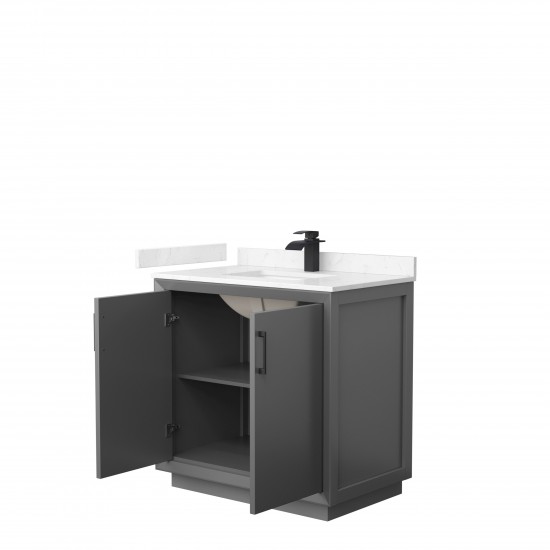 Strada 36" Single Vanity in Gray, Carrara Marble Top, Sink, Black Trim