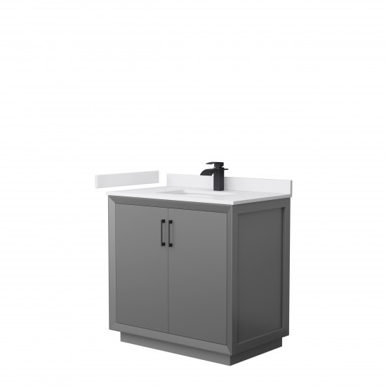 Strada 36" Single Vanity in Gray, White Marble Top, Sink, Black Trim