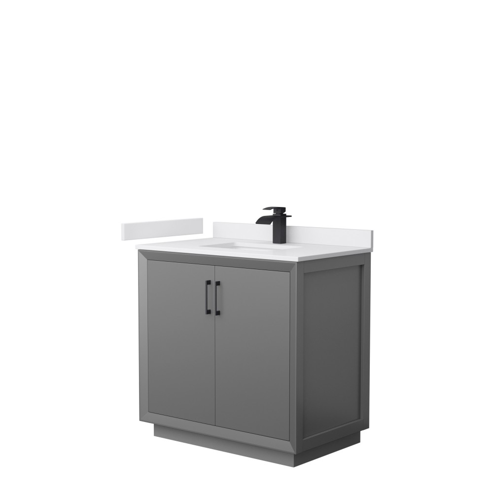 Strada 36" Single Vanity in Gray, White Marble Top, Sink, Black Trim