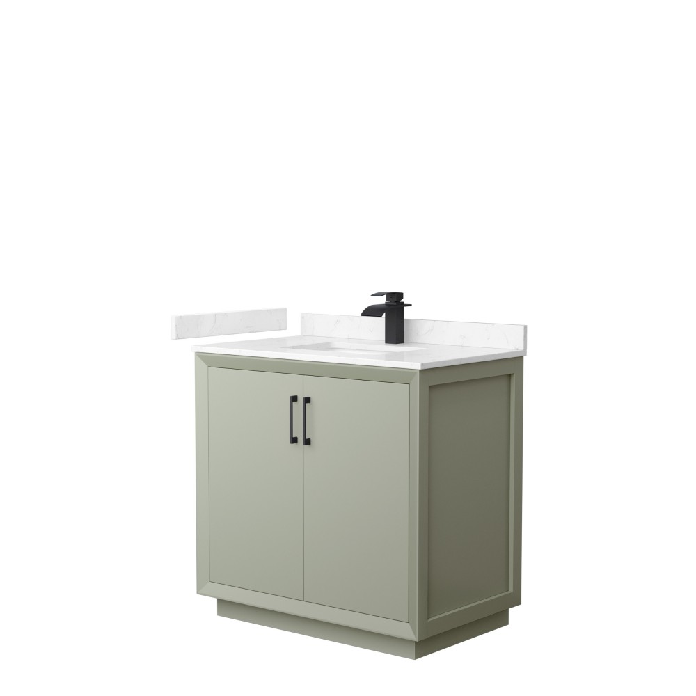 Strada 36" Single Vanity in Green, Carrara Marble Top, Sink, Black Trim