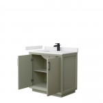 Strada 36" Single Vanity in Green, White Marble Top, Sink, Black Trim