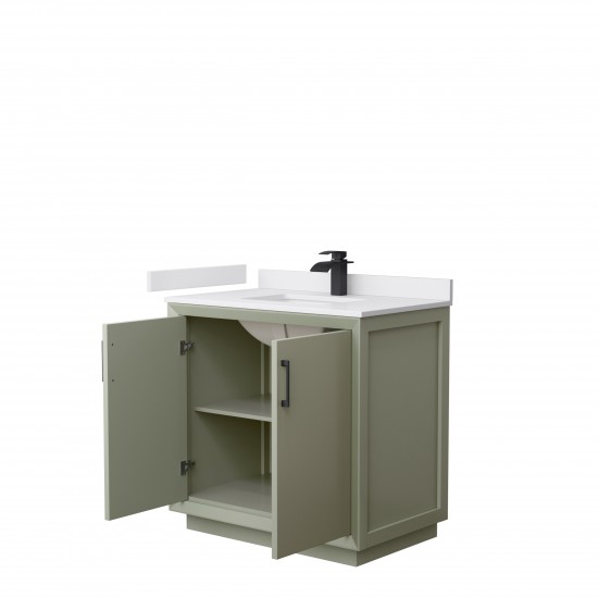 Strada 36" Single Vanity in Green, White Marble Top, Sink, Black Trim