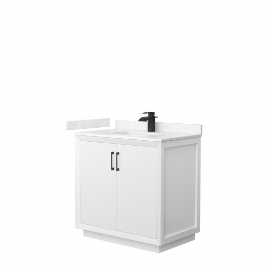 Strada 36" Single Vanity in White, Carrara Marble Top, Sink, Black Trim