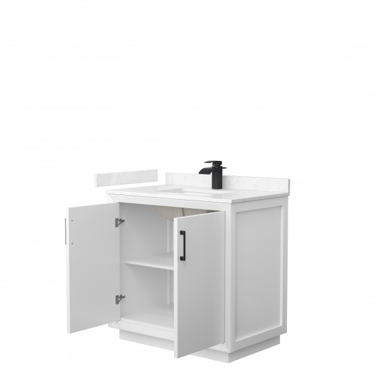 Strada 36" Single Vanity in White, Carrara Marble Top, Sink, Black Trim