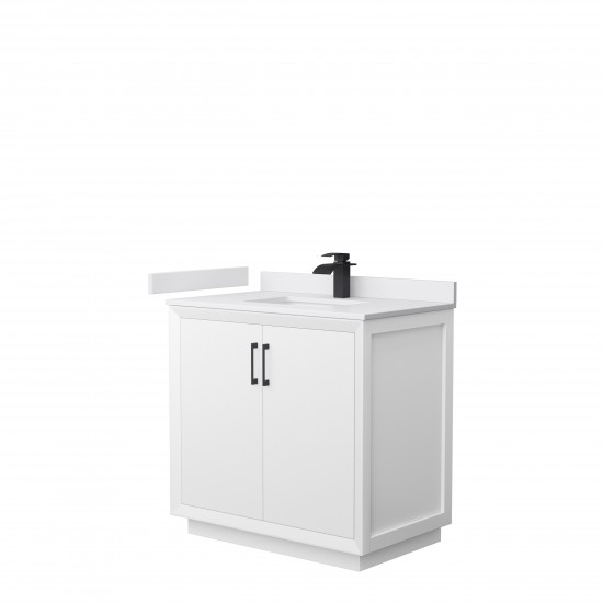 Strada 36" Single Vanity in White, White Marble Top, Sink, Black Trim