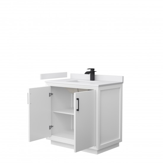 Strada 36" Single Vanity in White, White Marble Top, Sink, Black Trim