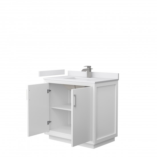 Strada 36" Single Vanity in White, White Marble Top, Sink, Nickel Trim