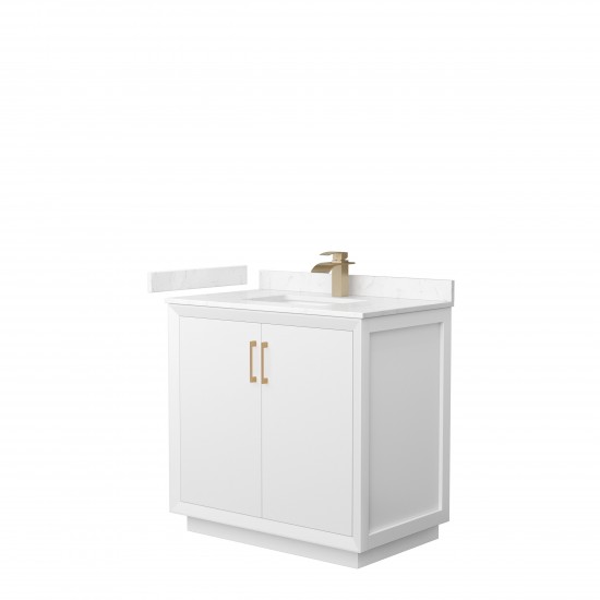 Strada 36" Single Vanity in White, Carrara Marble Top, Sink, Bronze Trim