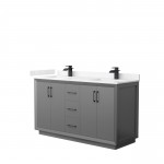 Strada 60" Double Vanity in Gray, Carrara Marble Top, Sink, Black Trim