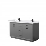 Strada 60" Double Vanity in Gray, White Marble Top, Sink, Black Trim