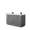 Strada 60" Double Vanity in Gray, White Marble Top, Sink, Black Trim