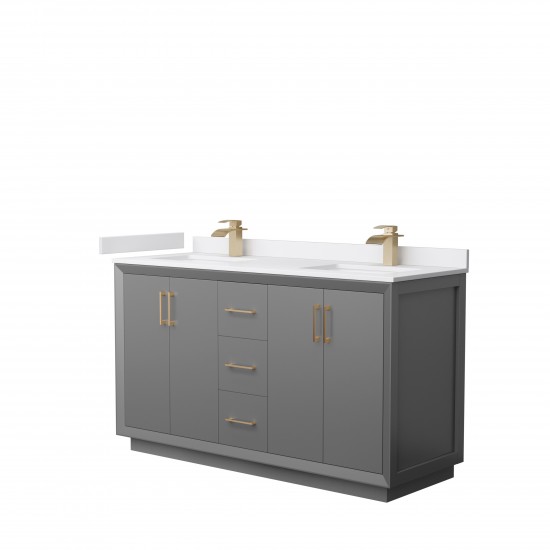 Strada 60" Double Vanity in Gray, White Marble Top, Sink, Bronze Trim