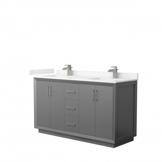 Strada 60" Double Vanity in Gray, Carrara Marble Top, Sink, Nickel Trim