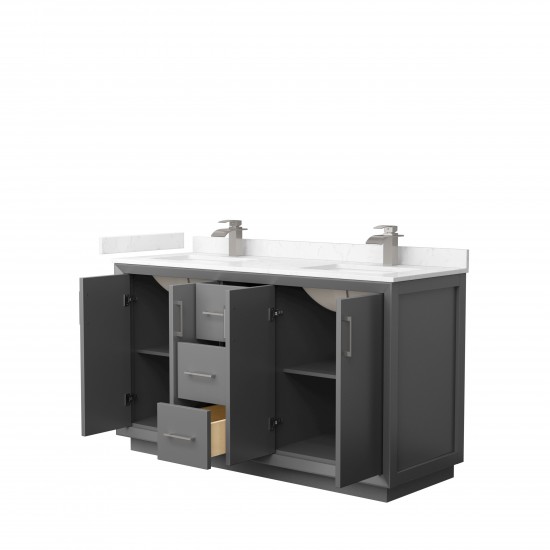 Strada 60" Double Vanity in Gray, Carrara Marble Top, Sink, Nickel Trim