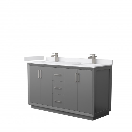 Strada 60" Double Vanity in Gray, White Marble Top, Sink, Nickel Trim