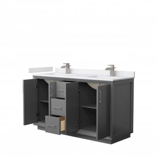 Strada 60" Double Vanity in Gray, White Marble Top, Sink, Nickel Trim