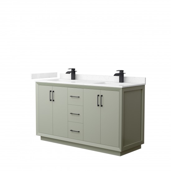 Strada 60" Double Vanity in Green, Carrara Marble Top, Sinks, Black Trim