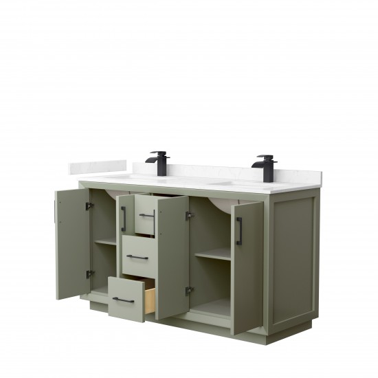 Strada 60" Double Vanity in Green, Carrara Marble Top, Sinks, Black Trim