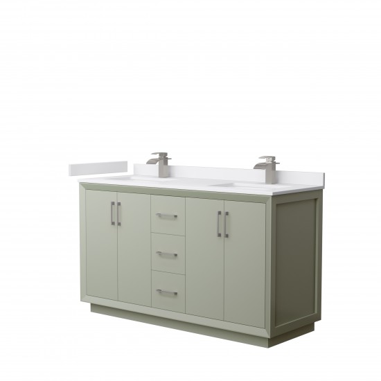 Strada 60" Double Vanity in Green, White Marble Top, Sinks, Nickel Trim