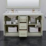 Strada 60" Double Vanity in Green, Carrara Marble Top, Sinks, Bronze Trim