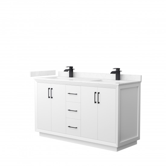 Strada 60" Double Vanity in White, Carrara Marble Top, Sink, Black Trim