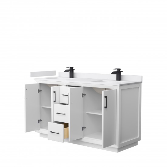 Strada 60" Double Vanity in White, White Marble Top, Sink, Black Trim