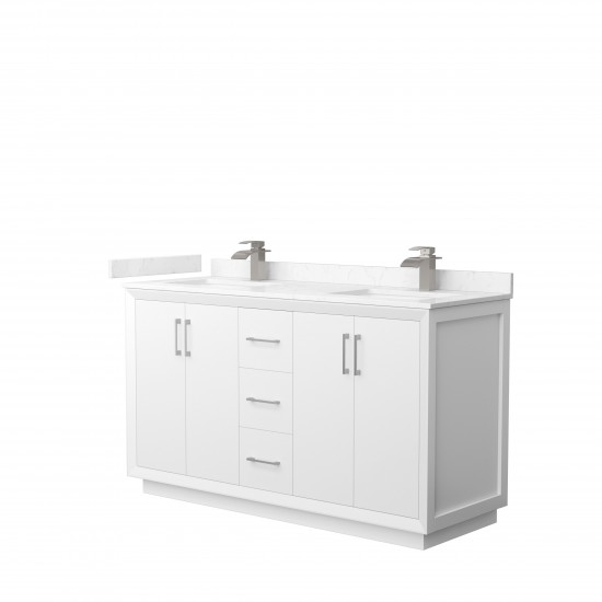 Strada 60" Double Vanity in White, Carrara Marble Top, Sink, Nickel Trim