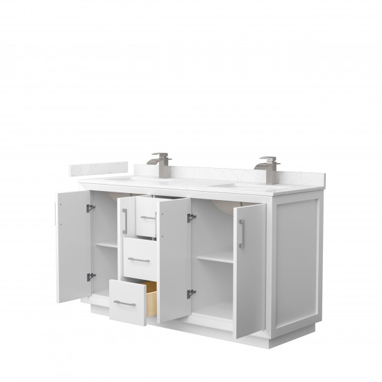 Strada 60" Double Vanity in White, Carrara Marble Top, Sink, Nickel Trim