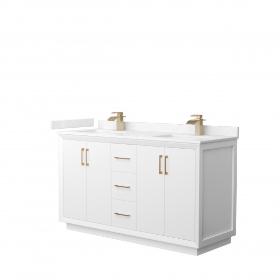 Strada 60" Double Vanity in White, Carrara Marble Top, Sink, Bronze Trim