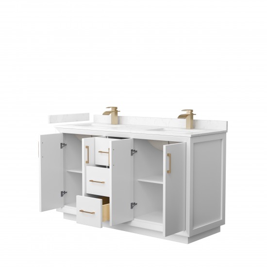 Strada 60" Double Vanity in White, Carrara Marble Top, Sink, Bronze Trim