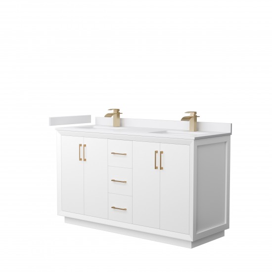Strada 60" Double Vanity in White, White Marble Top, Sink, Bronze Trim