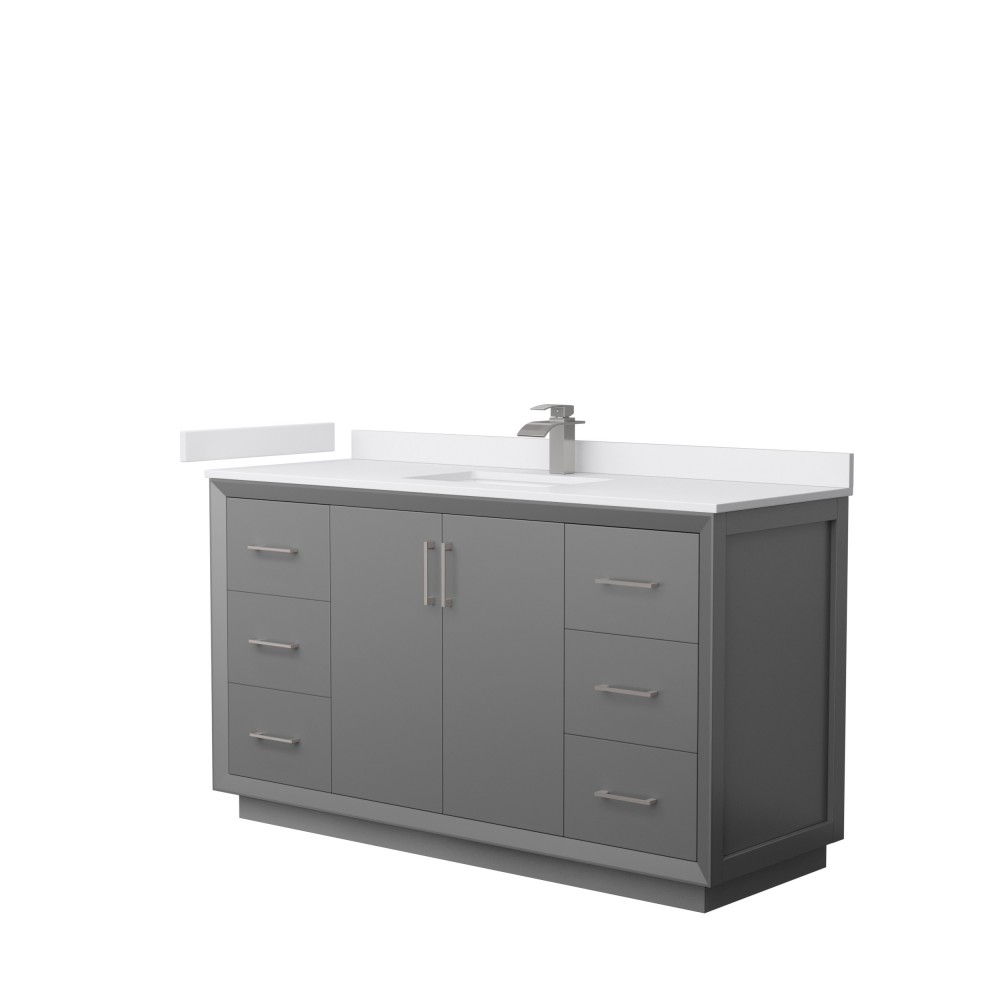 Strada 60" Single Vanity in Gray, White Marble Top, Sink, Nickel Trim