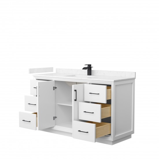 Strada 60" Single Vanity in White, Carrara Marble Top, Sink, Black Trim