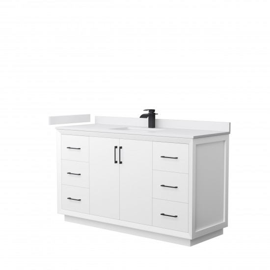 Strada 60" Single Vanity in White, White Marble Top, Sink, Black Trim