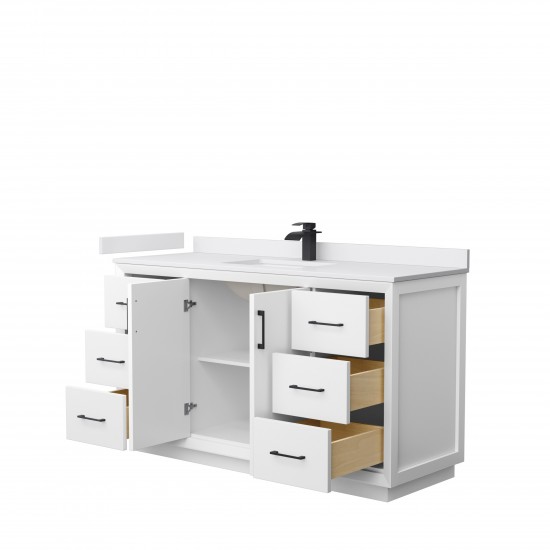 Strada 60" Single Vanity in White, White Marble Top, Sink, Black Trim