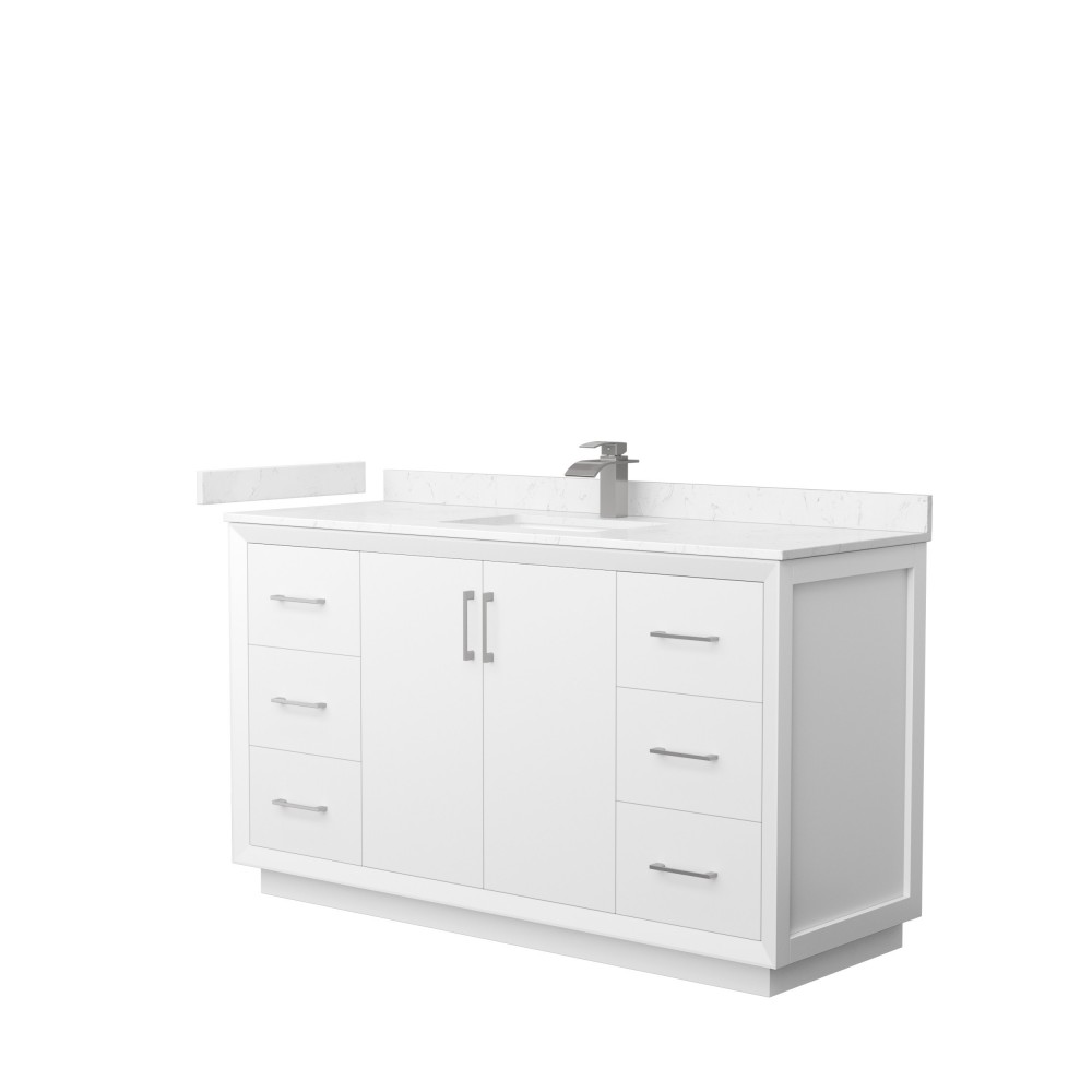 Strada 60" Single Vanity in White, Carrara Marble Top, Sink, Nickel Trim