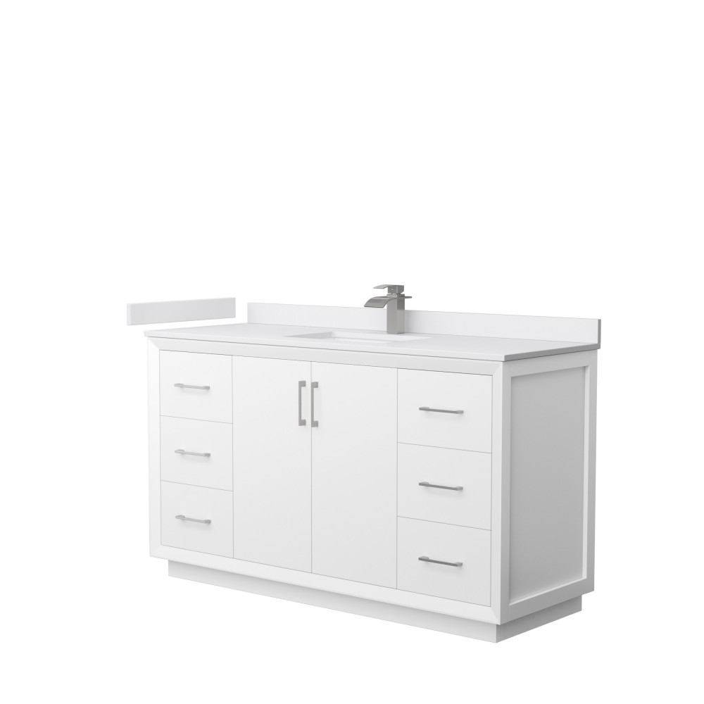 Strada 60" Single Vanity in White, White Marble Top, Sink, Nickel Trim