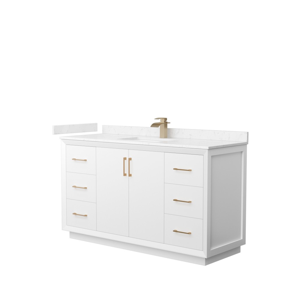 Strada 60" Single Vanity in White, Carrara Marble Top, Sink, Bronze Trim