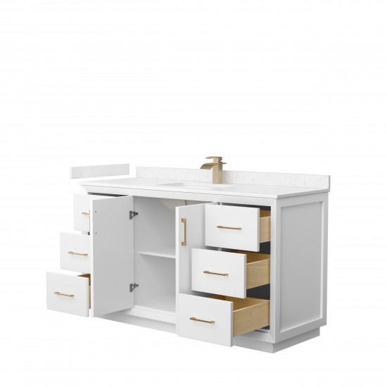 Strada 60" Single Vanity in White, Carrara Marble Top, Sink, Bronze Trim