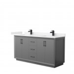 Strada 66" Double Vanity in Gray, Carrara Marble Top, Sink, Black Trim