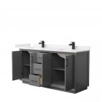 Strada 66" Double Vanity in Gray, Carrara Marble Top, Sink, Black Trim