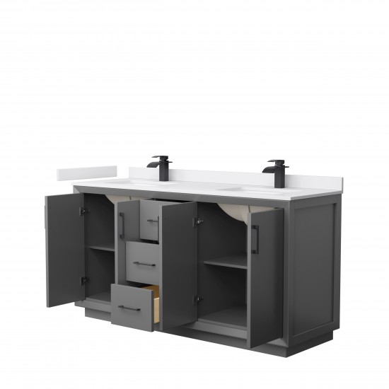 Strada 66" Double Vanity in Gray, White Marble Top, Sink, Black Trim