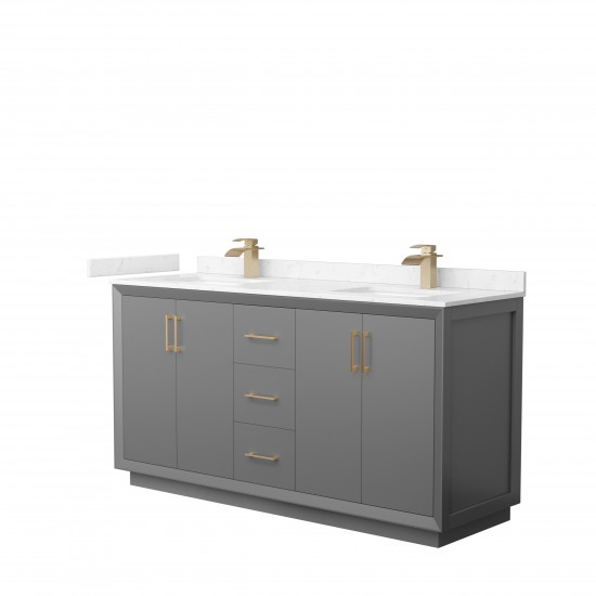 Strada 66" Double Vanity in Gray, Carrara Marble Top, Sink, Bronze Trim