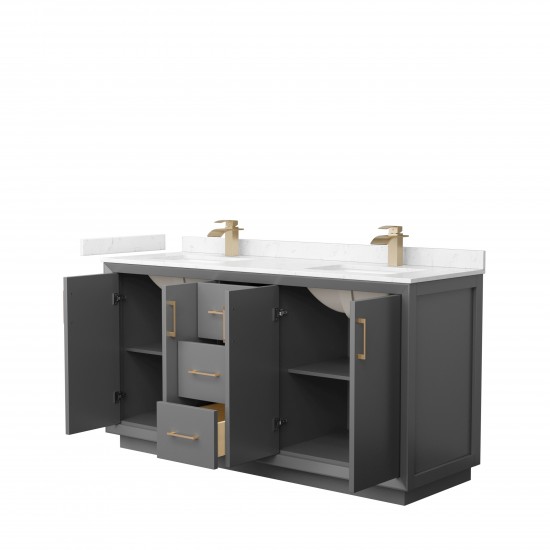 Strada 66" Double Vanity in Gray, Carrara Marble Top, Sink, Bronze Trim