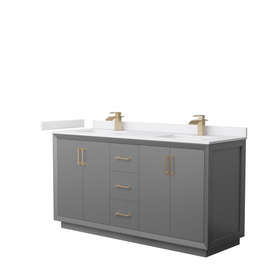 Strada 66" Double Vanity in Gray, White Marble Top, Sink, Bronze Trim