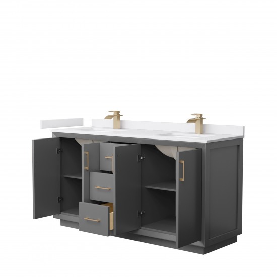 Strada 66" Double Vanity in Gray, White Marble Top, Sink, Bronze Trim