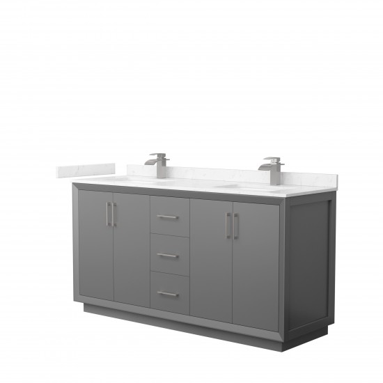 Strada 66" Double Vanity in Gray, Carrara Marble Top, Sink, Nickel Trim