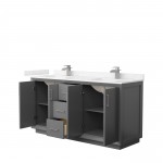 Strada 66" Double Vanity in Gray, Carrara Marble Top, Sink, Nickel Trim