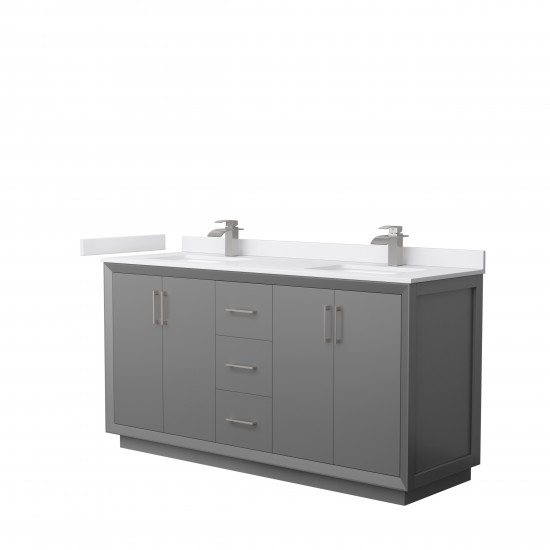 Strada 66" Double Vanity in Gray, White Marble Top, Sink, Nickel Trim