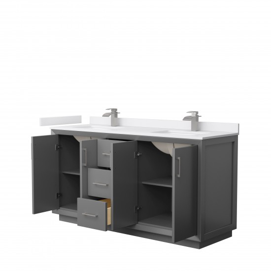 Strada 66" Double Vanity in Gray, White Marble Top, Sink, Nickel Trim